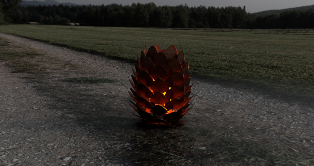 Kotte Fire Pit med glödande eld mellan de överlappande cortenplåtarna.