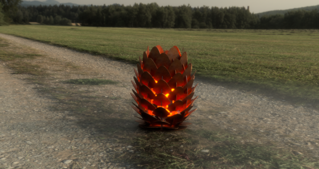 Kotte Fire Pit placerad utomhus med glödande eld.