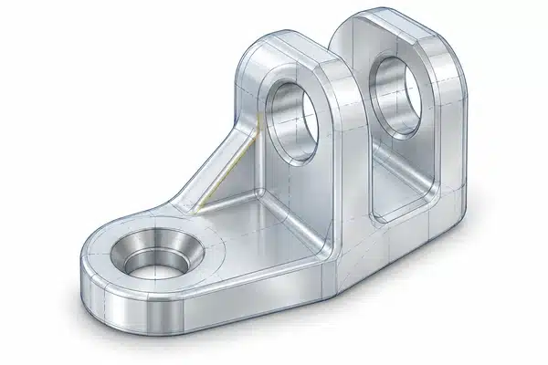 CAD-modell av ett fäste med konstruktionslinjer.