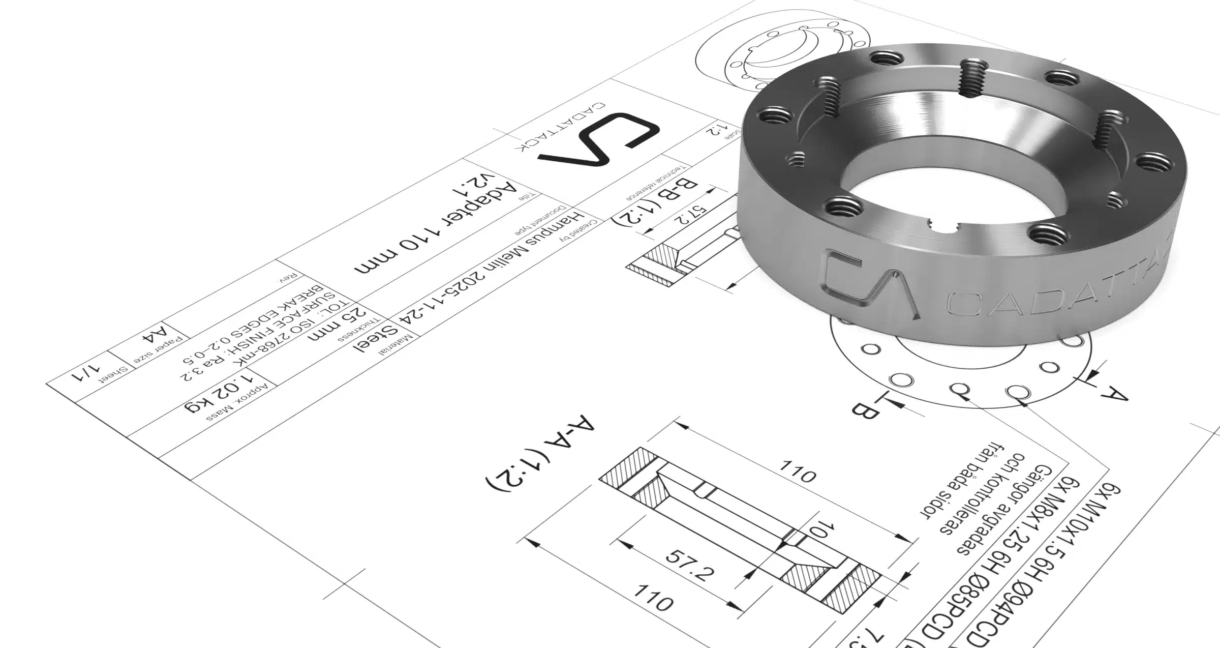 Rendering av en kardanadapter ovanpå sin måttsatta CAD-ritning.
